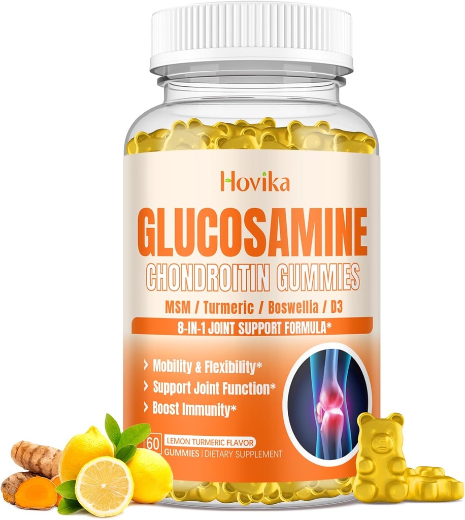 Glucosamine Chondroitin MSM Gummies - Gabungan Dukungan dengan Turmeric, Boswellia, Vitamin D3, Acid Hyaluronic, Antioksidant, Immune Dukung untuk Dewasa, Pria & Wanita Vegan, 60 Gummi