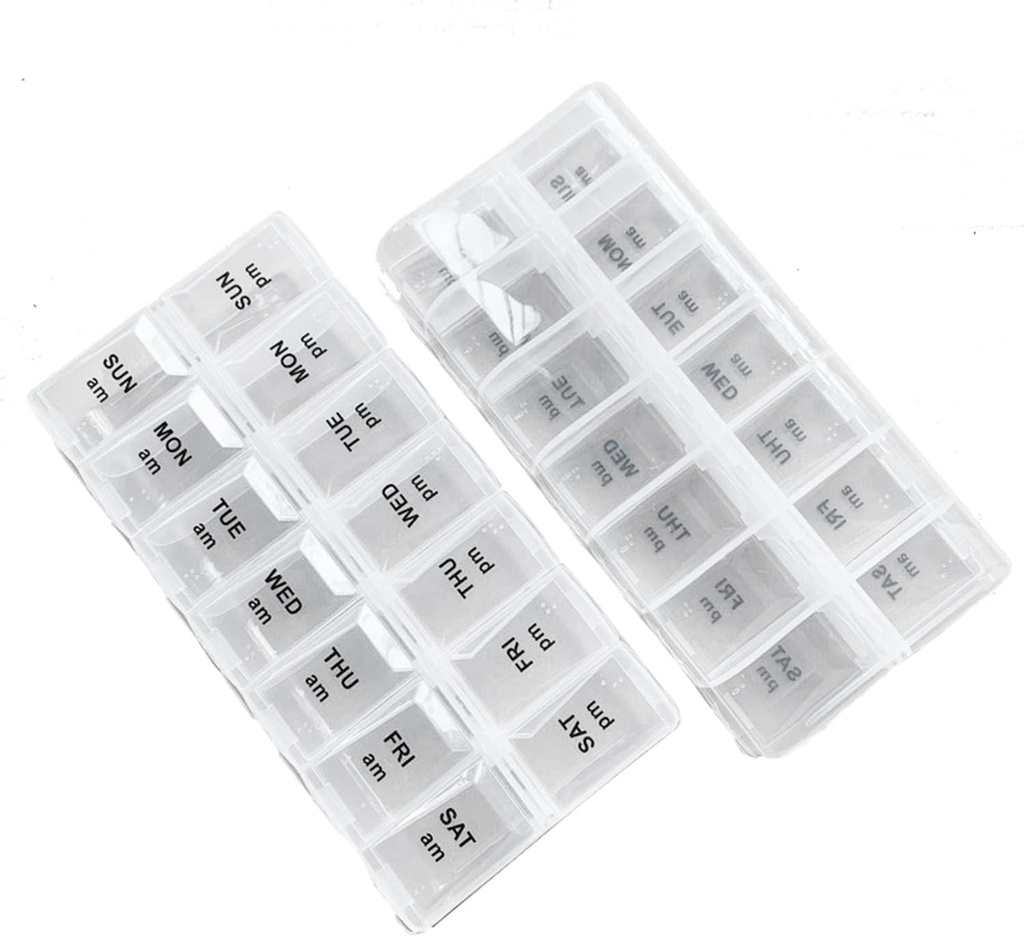 2 Paket OP Bersihkan Kotak Pil Harian Organisasi, Weekly Pill Organizer 2 Kali sehari untuk Pil, Suplemen dan Obat-obatan, Am Pm Pill Organizer 7 Hari, Pill Box 7 Hari - 6,7 x 3.2 x 1 inci