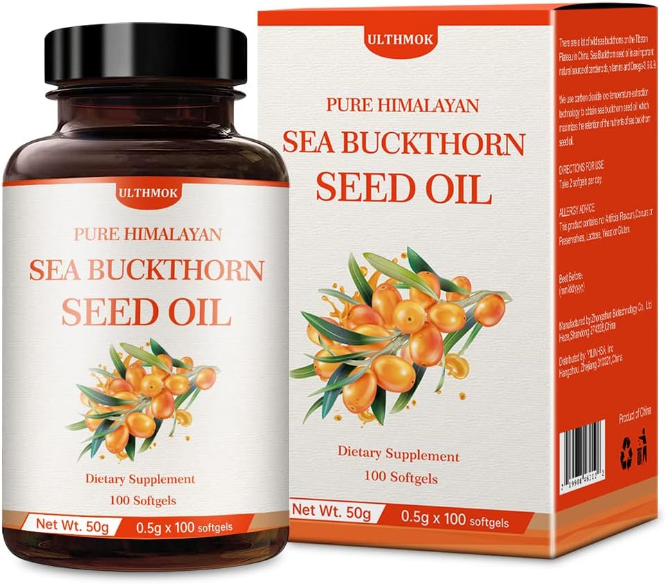 ULTHMOK Premium Sea Buckthorn Seed Oil, 100% Benih Minyak, 100 Softgels & 100 × 500mg, Non-GMO, Gluten Free.