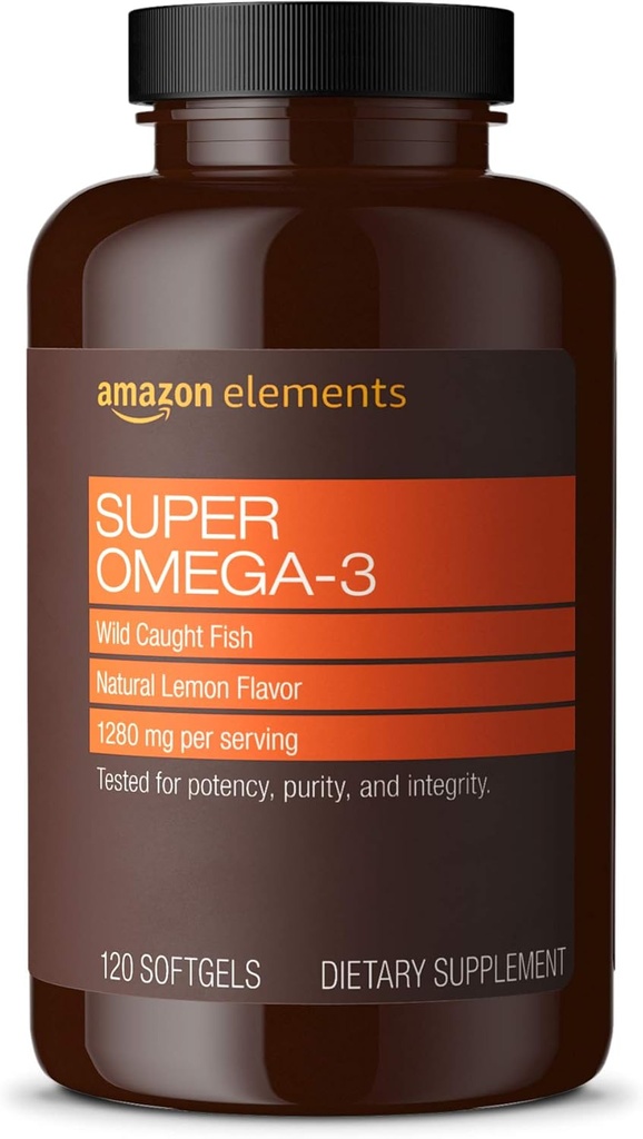 Elemen Super Omega-3, EPA & DHA Omega-3 asam lemak (1280 mg per Serving, 2 Softgels), Natural Lemon Flavor, 120 Count (Paket mungkin bervariasi)