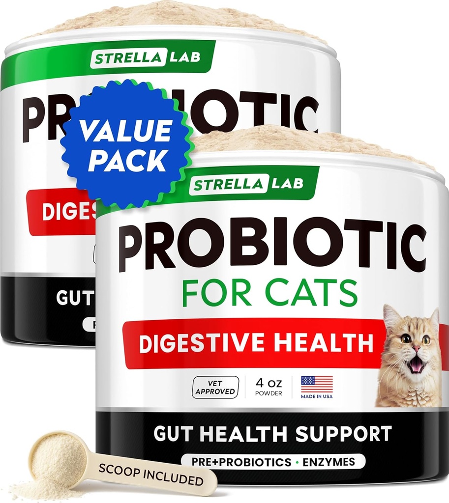 StrellaLab Cat Probiotic Powder - Propoder for Cats with Diare - Easy to Mix Powder - Cat Progress for Indoor Cats, Health Supplies Food Suplemen, Digetives Support (8 oz / Pack of 2)