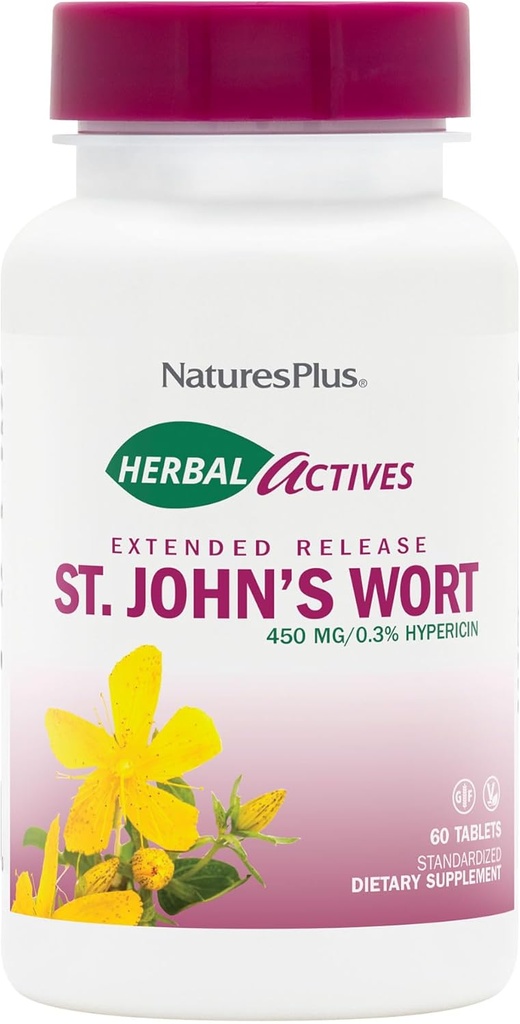 NaturesPlus Herbal Actives St. John 's Welt Extended Release - 60 Tablet, Paket 2 - Mendukung Outlook Mood & Positif - Vegetarian, Gluten Bebas - 120 Total Servis