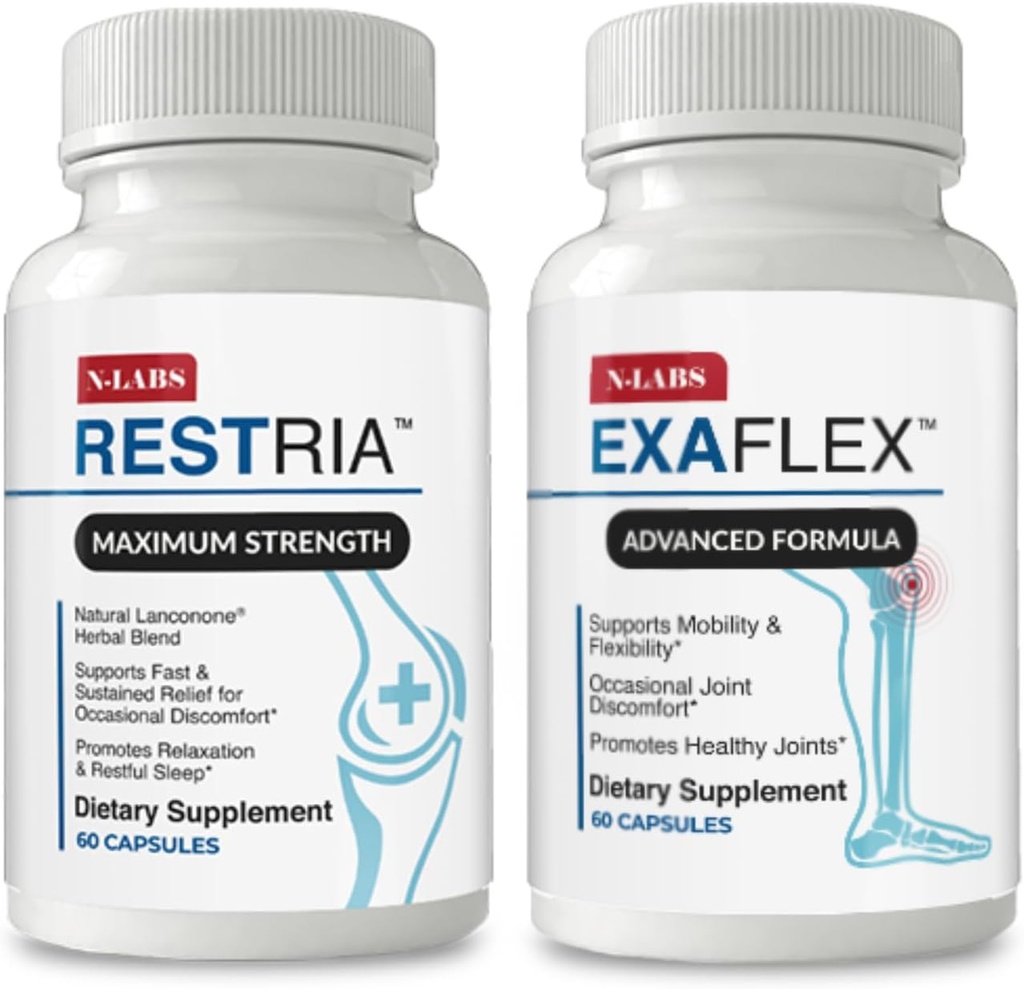 N-Labs Gabungan Dukungan & Sleep Aid Combo - ExaFlex dengan Boswellia Ekstrak dan Bromelain untuk Dukungan Bersama + Restria dengan Lanconone Herbal Blend dan Tidur Formula untuk Relaxation Nighttime