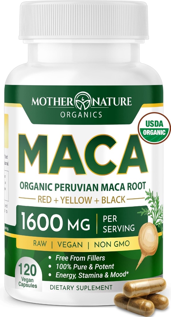 Ibu Alam Organik Katup Root - 1600mg, 120 Vegan Capsules - Kuning GMO Peru, Merah & Hitam Maca untuk Pria & Perempuan - Energi, Hormone, Otak & Weight-Menjadi