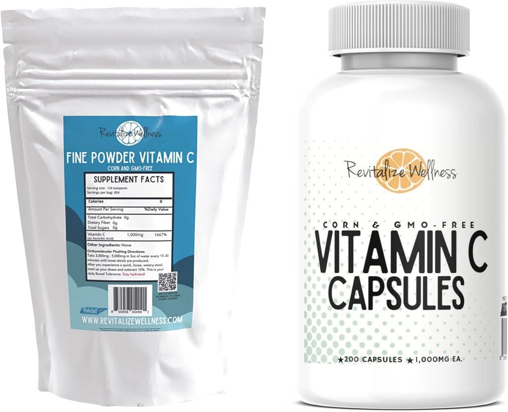 Bundle 124; Fine Powder Vitamin C, 454 Servings, dan Vitamin C Capsules, 200 Kapsul
