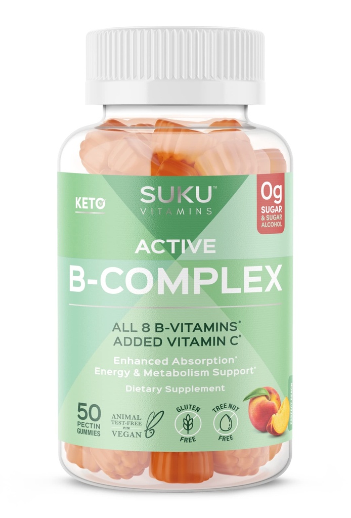 SuKU Vitamin B Kompleks Gummies dengan Vitamin C - Sugar Free Vegan 8 B Vitamin Complex Gummy Increases Cell Development, Meningkatkan Formasi Metabolisme & Collagen, Peach Flavour (50 Gummies)