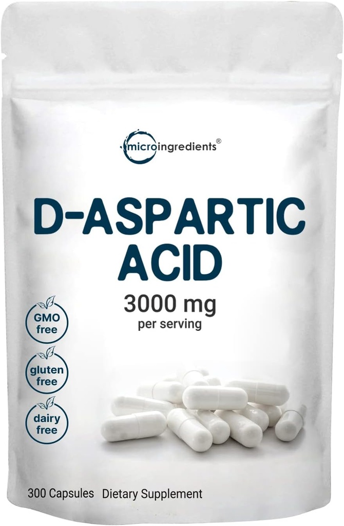 Mikro Ingrediens D-Aspartic Acid 3.000mg Per Serving, 300 Capsules 124; Pure DAA for Energy, Testosterone & Performance Support 12.4; Non-GMO, Gluten- Free, Soy- Free