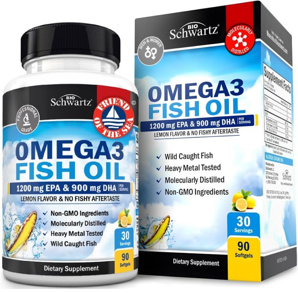 Triple Power Omega 3 Minyak Ikan 3000mg - Potency Tinggi Omega 3 Tambahan untuk Perempuan dan Pria, Burpless Lemon Flavor Ikan Oil - 2250mg Estimg Acids Gendut dengan DHA & EPA, Wild Caught, 90 Softgels