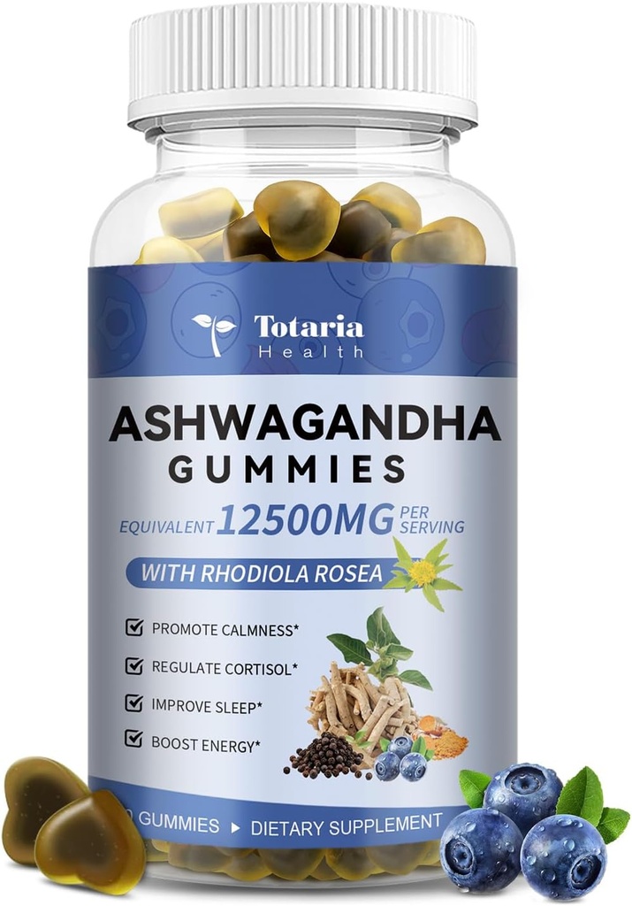 Totaria Sugar Free Ashwagandha Filled Gummies w / Vitamin D3, Magnesium Glycinate, Rhodiola, Ultra Power Ashwa Root Suplemen & Wen, untuk Relaxation, Energy, Cortisol Gummies