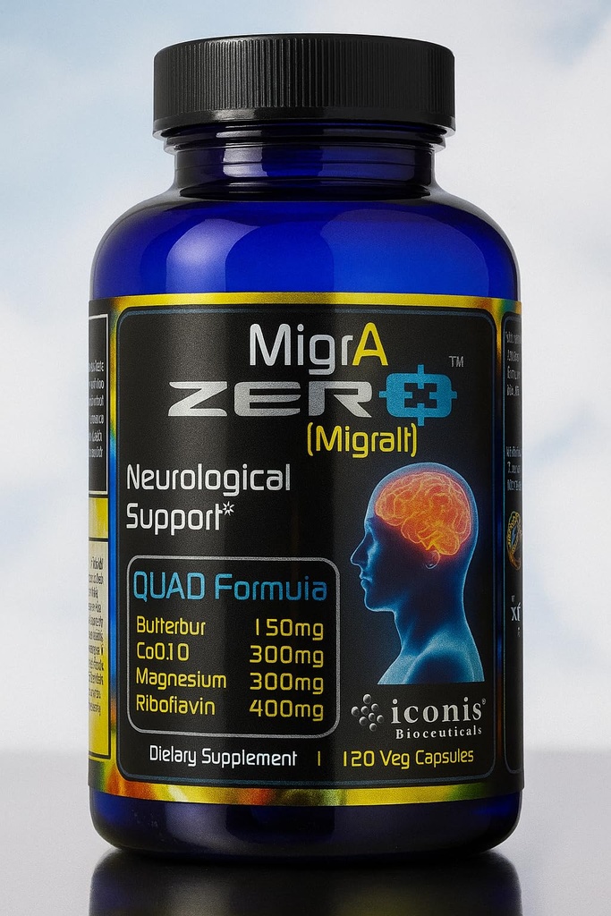 Migraine Relief, Quad-Formula dengan PA-Free Butterbur (150mg), CoQ10 (300mg), Magnesium Glycinate (300mg), High- Dose Riboflavin (400mg)