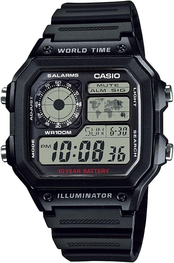 Casio AE1200WH Series 124; Pria 's Digital Watch 124; 100M WR; 100M WR 14; Multi Alarms 12.4; 100 SEC Stopwatch 12.4; Countdown Timer 124; World Map for World Time 124; LED Light 124; LC Analog Tampilkan 124; 10 Tahun Baterai