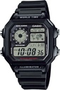 Casio AE1200WH Series 124; Pria 's Digital Watch 124; 100M WR; 100M WR 14; Multi Alarms 12.4; 100 SEC Stopwatch 12.4; Countdown Timer 124; World Map for World Time 124; LED Light 124; LC Analog Tampilkan 124; 10 Tahun Baterai