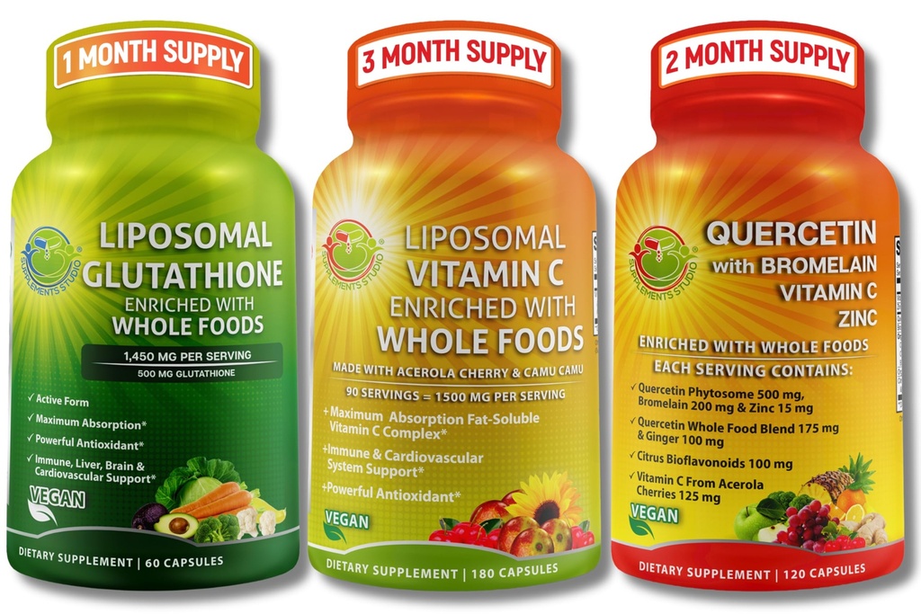 SUPPLEMENTS STUTHIS High Absorpsi Antioksidant & Imune Dukung Bundle - Lipomal Vitamin C 1500mg + Glutathione 500mg + Quercetin dengan Bromelain, Zinc & Whole Food Blend - Vegan, Non-GMO Capsules