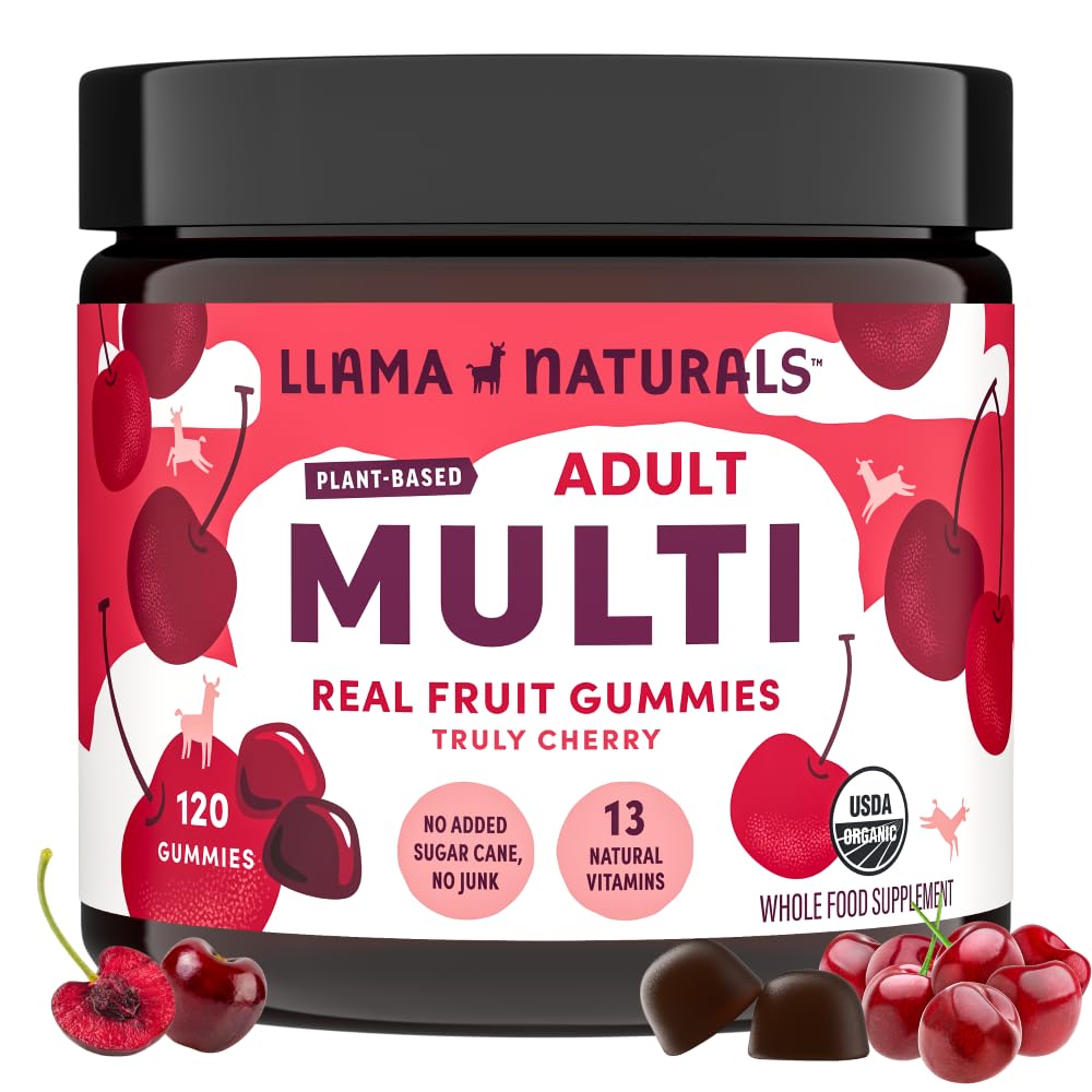 Llama Multivitamin untuk Perempuan dan Pria, Vegan, Gummi Organik dengan Vitamin D, C dan K, Pertumbuhan Real Fruit Vitamin, Supplemen Multivitamin Chewable, Tidak Ditambahkan Sugar Cane, Cherry, 120 Ct