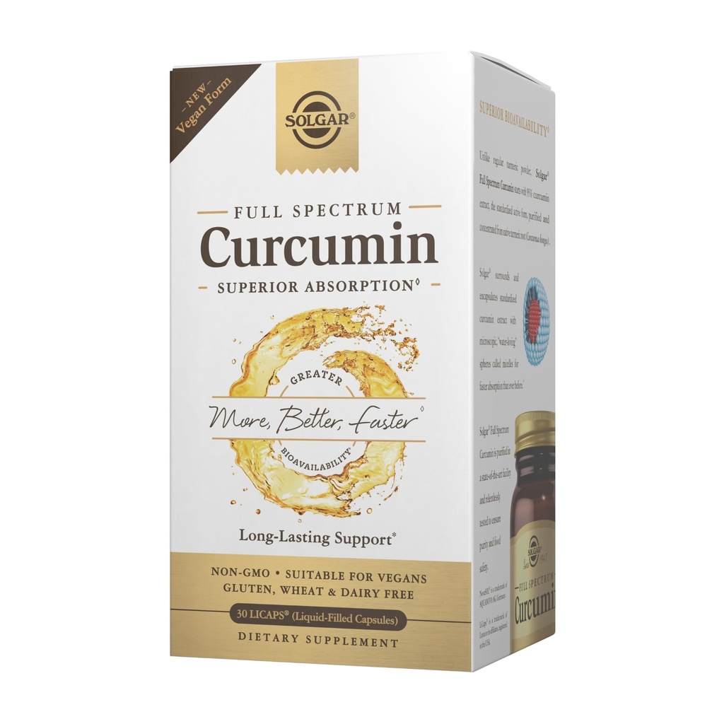 Solgar Full Spectrum Curcumin - 30 Licaps - Absorpsi Superior - Otak, Gabungan & Imune Kesehatan - Vegan, Gluten Free, Nun-GMO, Dairy Free - 30 Hamba