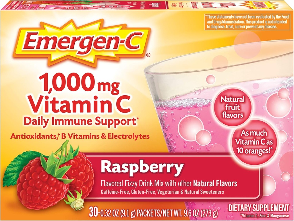 Emergen- C 1000mg Vitamin C Powder, Dengan Antioksidan, B Vitamin Dan Electrolites, Suplemen Imunitas Untuk Dukungan Imune, Caffeine Free Fizzy Drink Mix, Raspberry Flavor - 30 Count / 1 Bulan Supply