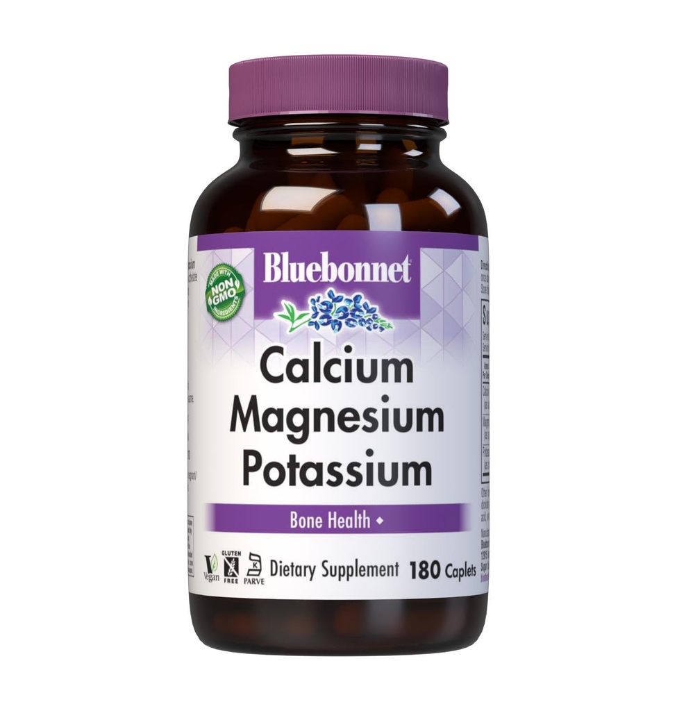 Bluebonnet Calcium Magnesium Potasium Suplemen Perempuan & Men - Support Healthy Bones - Calcium 100mg Tambahan Mineral Formulir - Non-GMO, Vegan, Gluten- Free - 180 Caplets