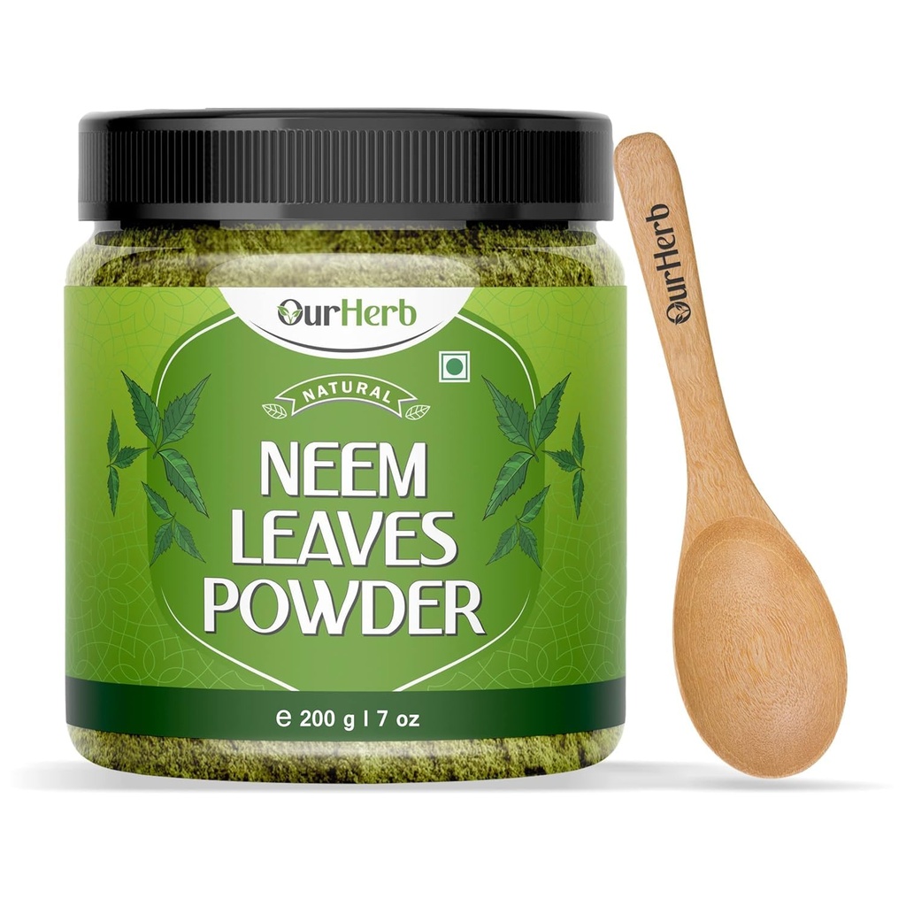 Pure Neem Leaves Powder Natural Solution for Pimplement - Free Clear Skin Hair, Ideal for Face Packs, Hair Cars, and Pigmentasi Dukungan dengan Wooden Spoon - 200g 124; 7.04 Oz