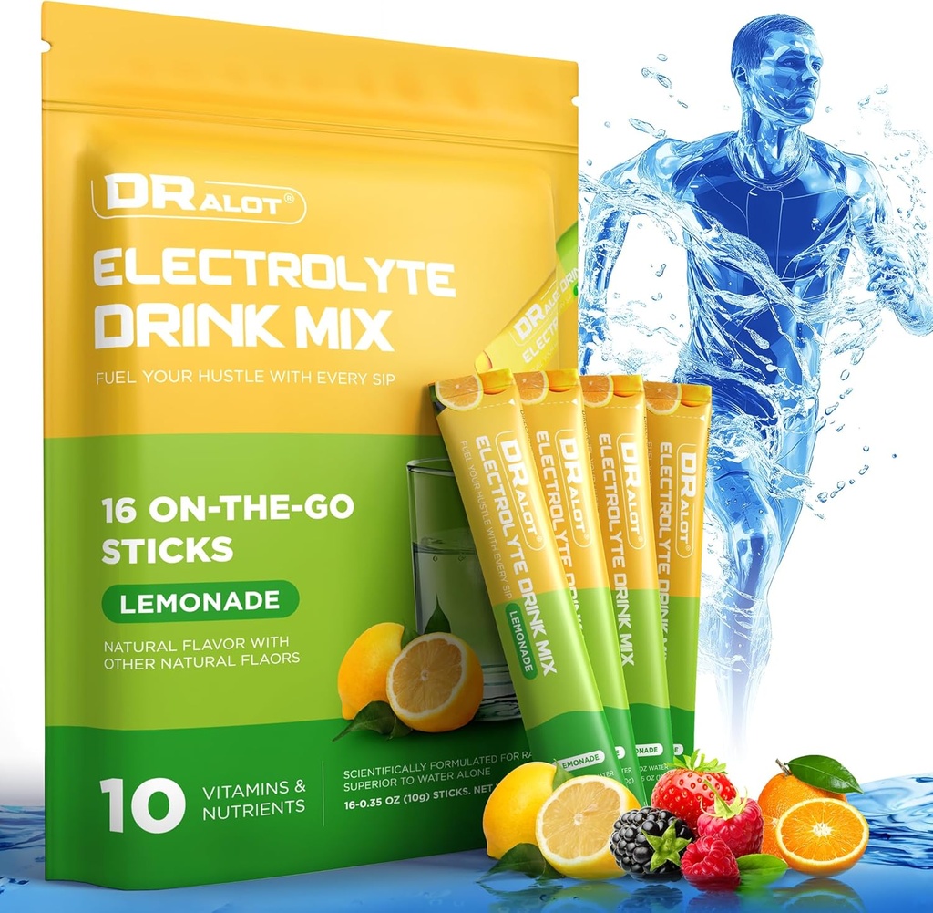 Sugar Free Electrolytes Powder with Natural Flavors, 3X Rapid Hidration Packet with 10 Electrolite & Vitamin, Liquid Daily IV, Non-GMO, Gluten- Free, Keto, Vegan, 16 Sticks, Lemon