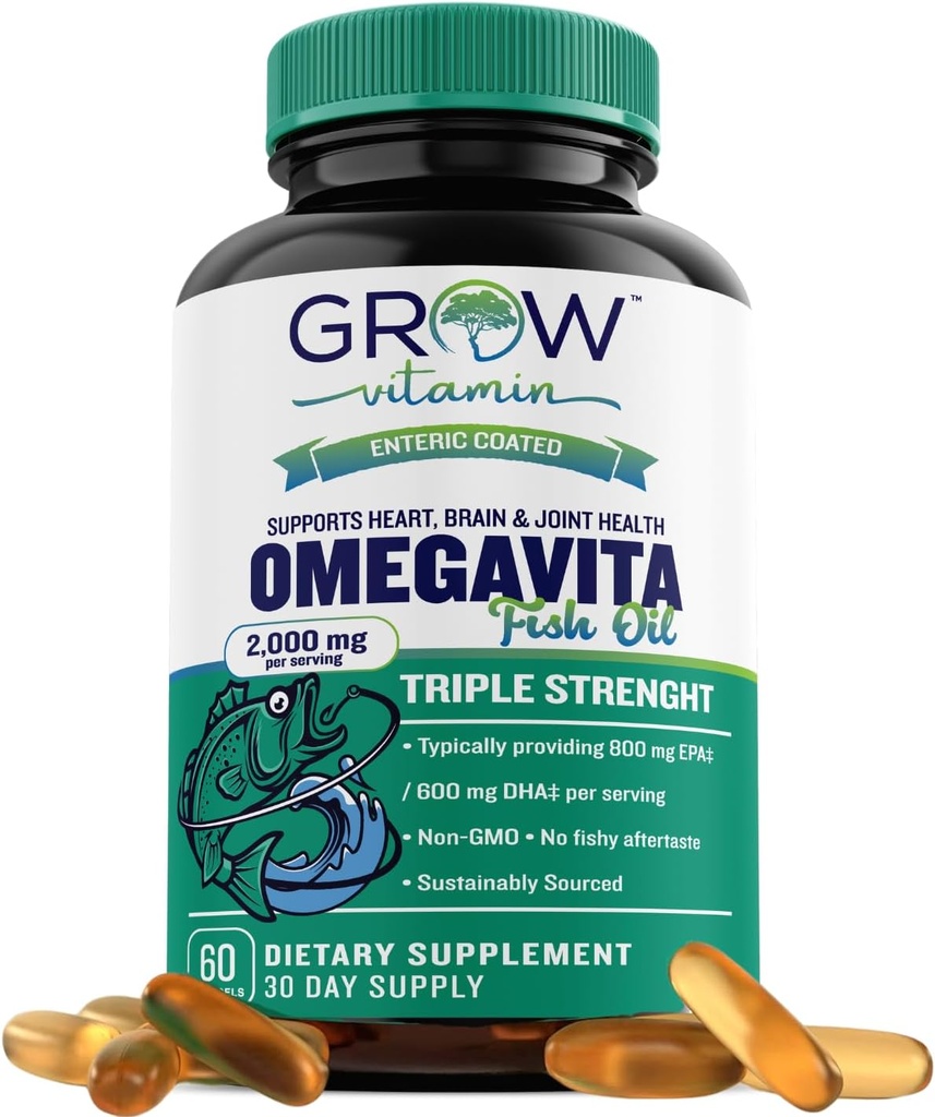 tumbuhkan vitamin OmegaVita Fish Oil: 800 mg EPA 600 mg DHA Omega 3 Suplemen untuk Jantung, Otak & Imune Dukungan, Diabsorbable Triple Power Oil Suplemen - 2000 mg Per Serving, 30 Hari Supppply