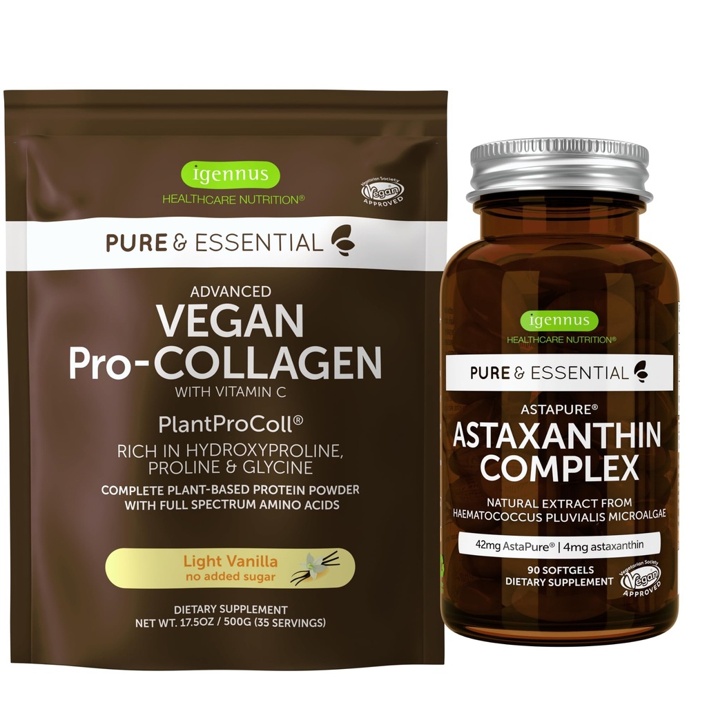 Vegan Vanilla Collagen Protein Powder + Astaxanthin Vegan Bundle, Collagen Boosting Formula + Natural 4mg H. Pluvialis Astaxanthin for Hair, Skin & Nails, by Igennus
