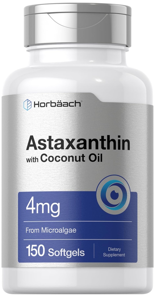Horbäach Astaxanthin 4mg 124; 150 Softgeels 124; Tambahan dari Microalgae 124; dengan Coconut Oil 126; Non-GMO, Gluten, Soy Free