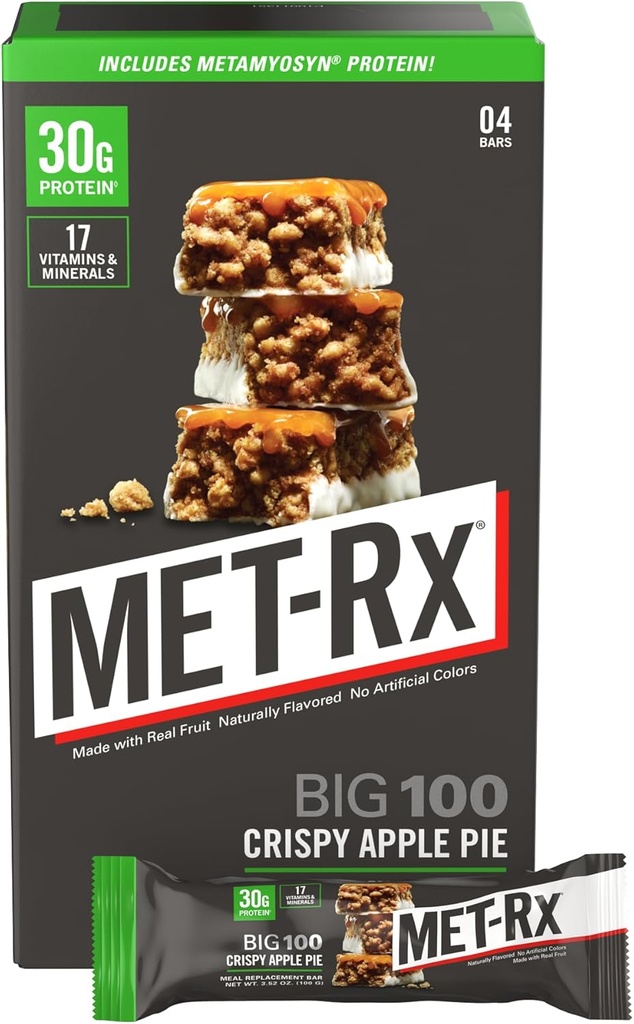 MET- Rx Besar 100 Colossal Protein Bars, Crispy Apple Pie Pengganti Bar, 4 Hitung