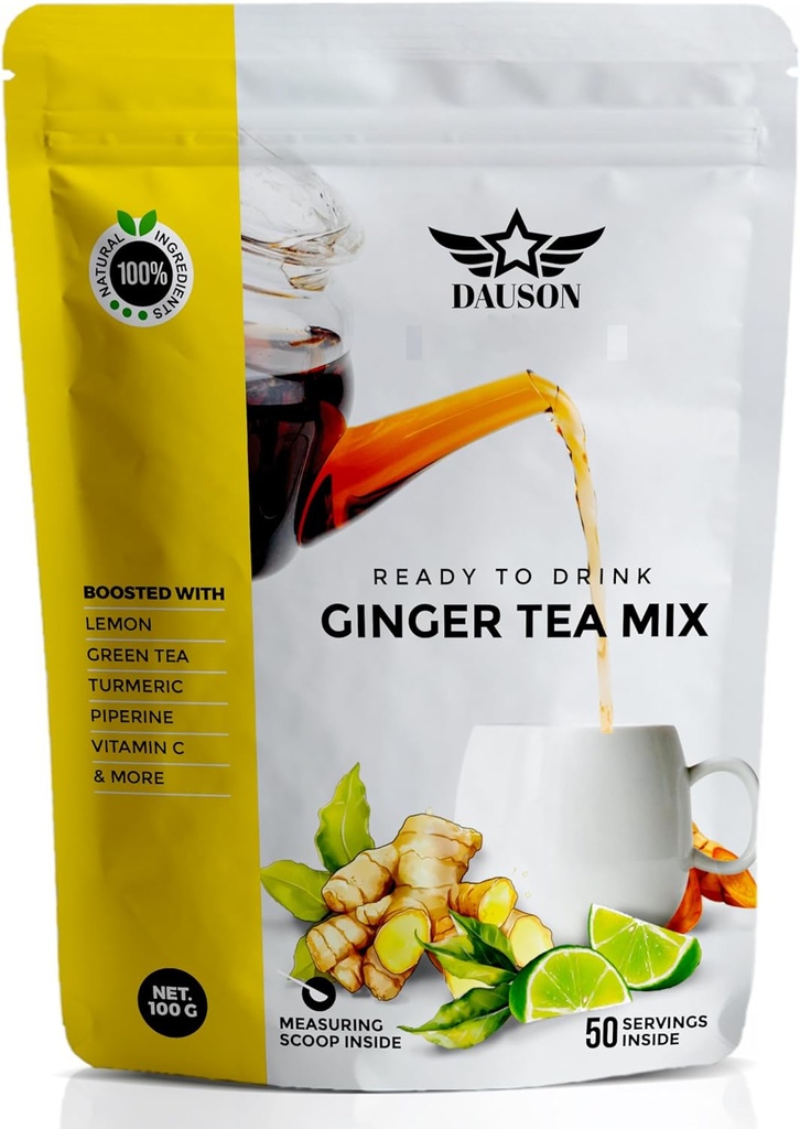 Ginger Lemon Herbal Tea Powder - Menyegarkan Blend dengan Licorice, Turmeric, Decaf Green Tea, Vitamin C - Caffein-Free, Vegan, Gut- Friendly Detox Tea - 50 Servings