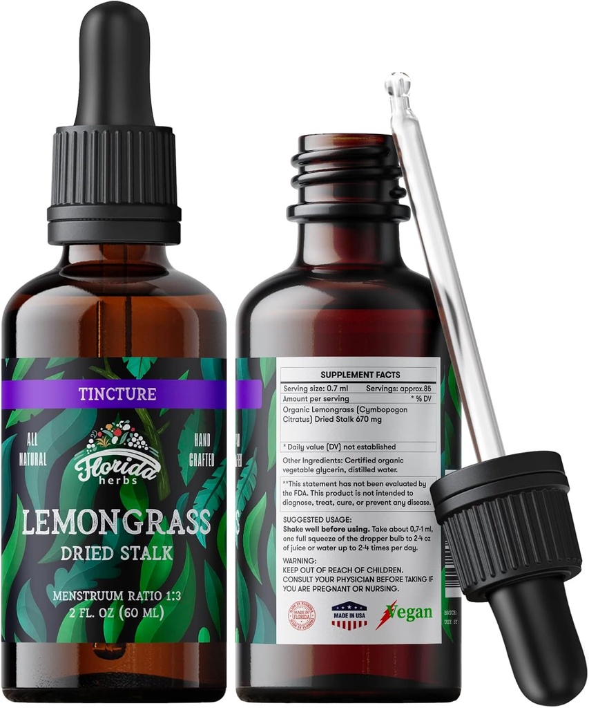 Limongrass Tincture, Organic Lemongrass Extract (Cybopogon Citratus) Herbal Suplemen, Non-GMO di Cold- Menekan Organik Glycerin, 700 mg, 2 oz (60 ml)