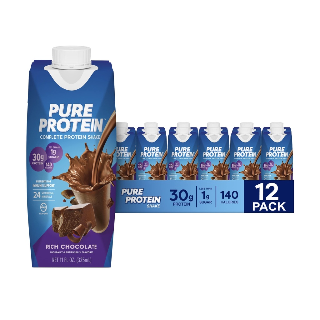 Murni Protein Protein Shake, 30g Protein Lengkap, Siap untuk Minum dan Keto- Friendly, Vitamin A, C, D, dan E ditambah Zinc untuk Mendukung Kesehatan Abadi, 11oz Botol, 12 Pack