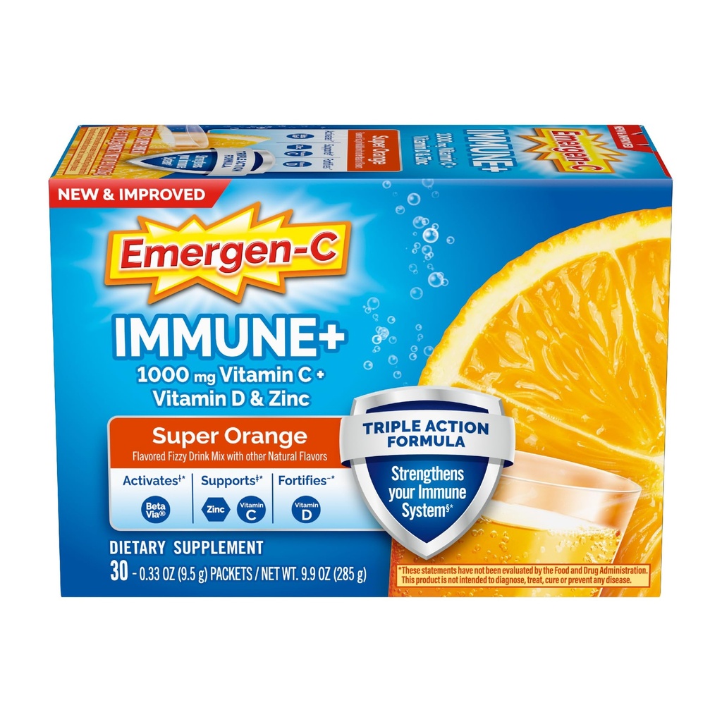 Emergen- C Imune + Triple Action Imune Supder, BetaVia (R), 1000mg Vitamin C, B Vitamin, D dan Antioksidan, Super Orange, Kembali ke Esensial Sekolah - 30 Count