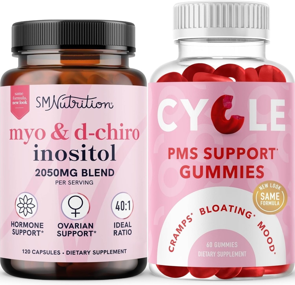 SMNutrition PMS Dukung Gummies & MYO - Inositol & D- Chiro Inositol 124; Hormone Balancing Bundle dengan 40: 1 Rasio Inositol Supplemen (30 Siklus Mendukung Gummies untuk Perempuan (30 Hamba)