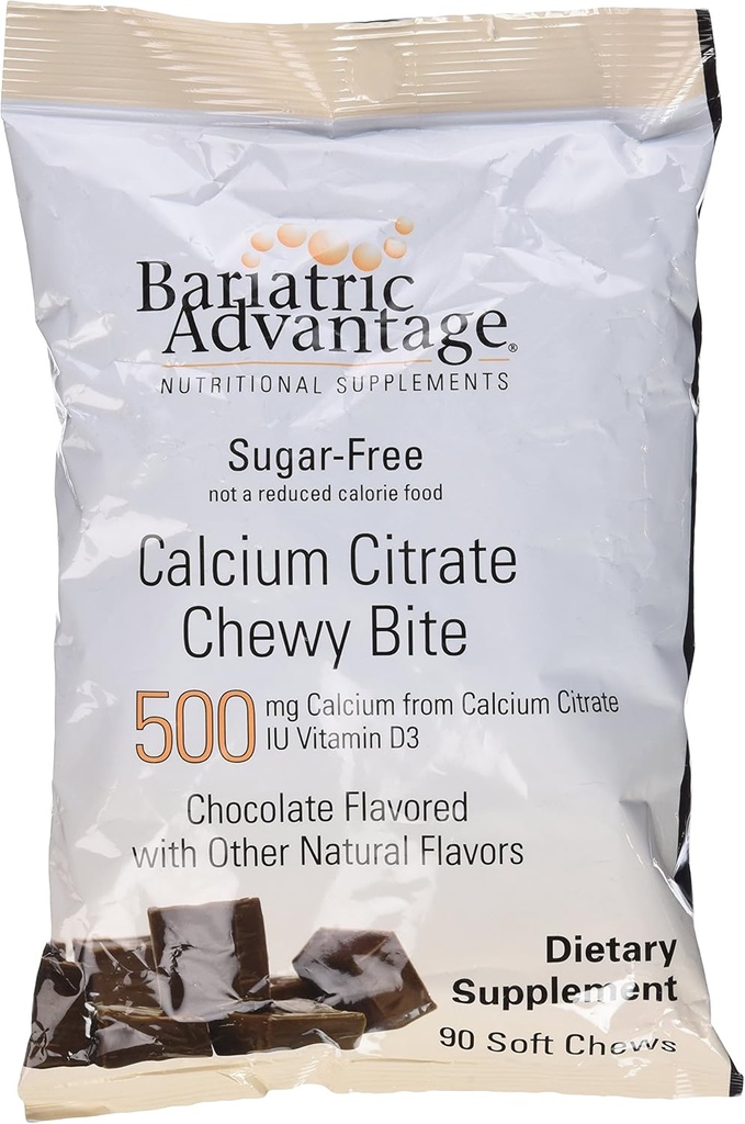 Bariatric Advices Calcium Citrate Chewy Bites 500mg dengan Vitamin D3 untuk Bariatric Bedah Pasien termasuk Gastric Bypass dan Sleeve Gastrectomy, Sugar Free - Chocolate Flavor, 90 Count