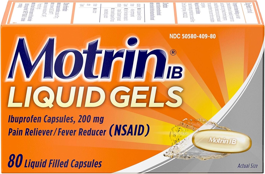 Motrin IB 200mg Ibuprofen Liquid Gel Pain Reliever / Fever Reducer for Aches & Pain, 80 ct