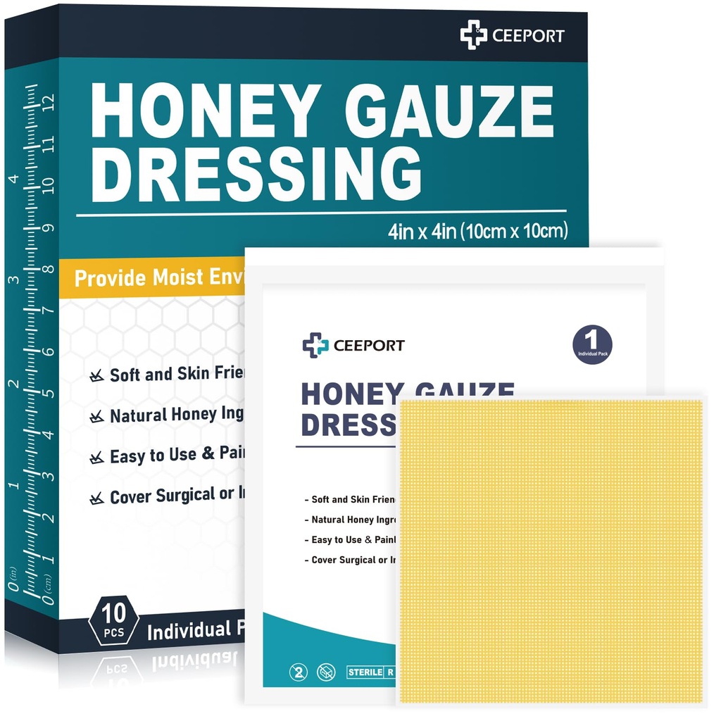 Honey Gauze Weund Dressing, 4 "x 4" Manuka Honey Wound Cariges, Perban Madu Tingkat Medis untuk Wound Care, Honey Patch untuk Penyembuhan Lebih Cepat dari Luka Bakar, Luka, Luka, Luka dan Kudis (Paket 10)