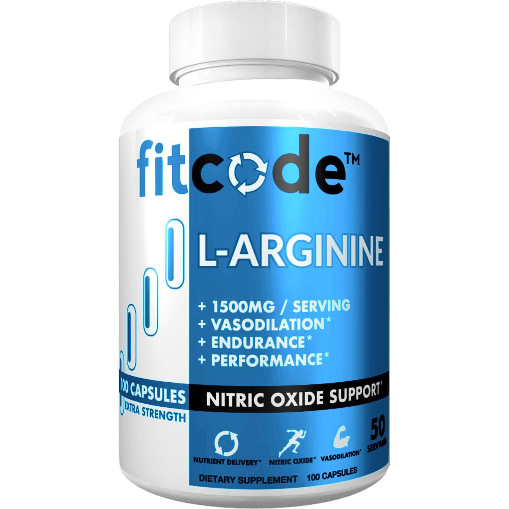 fitcode Ekstra Kekuatan L- Arginine HCl 1500mg, Nitric Oxide Suplement for Vasculity, Pumps, Endurance, Performance, Muscle Growth, Energy, Powerful N.O. Pulse Pompa Capsules (50 Hamba)