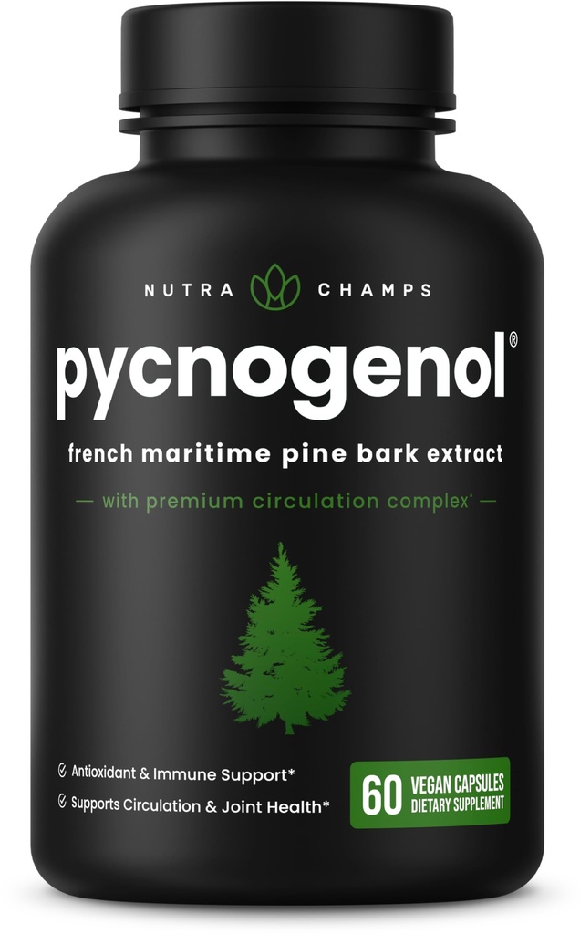 NutraChamps Pycnogenol French Maritim Pine Bark Extract, Premium Circulation Complex, Blood Flow, Nitric Oxide Production, Superior Absorpsi, Hasil dengan Black Pepper Extract, 60 Capsules