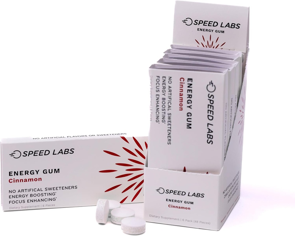 Speed Labs Cinnamon Natural Caffeine Energy Gum 25mg Caffeine, Taurine, B Vitamin Per Piece, 48 Pieces (6 Paket 8) Sugar Free, Zero Calories, Alami Sweetened, Gluten Free