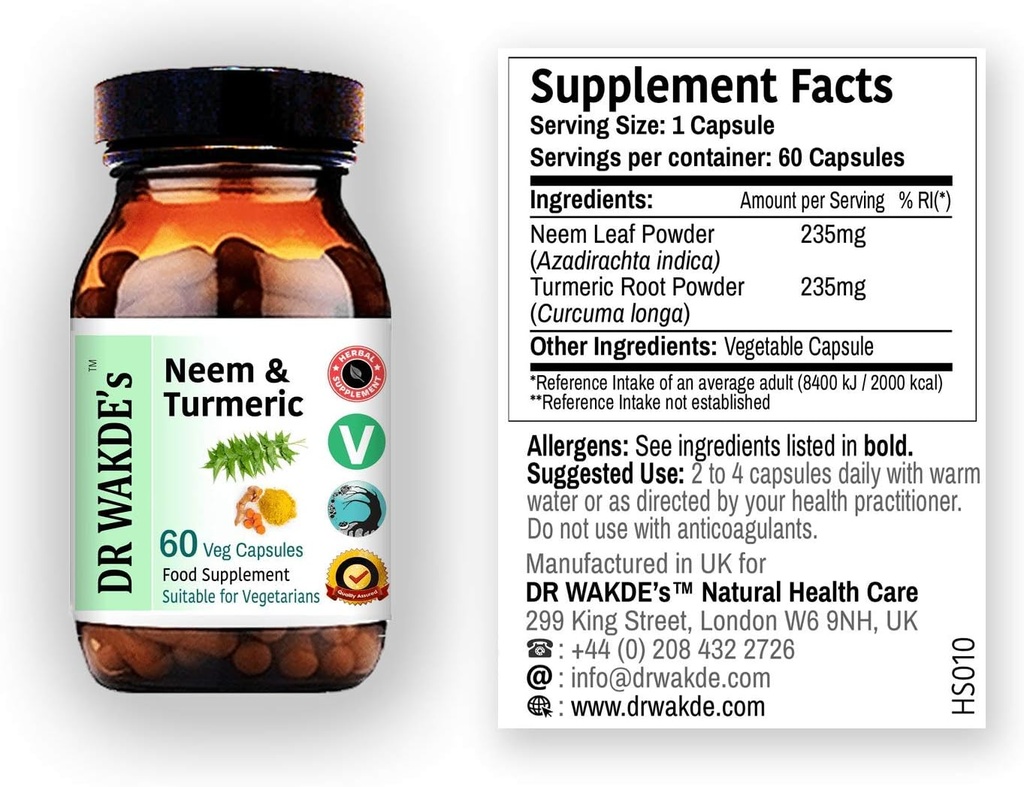 DR WAKDE 's Neem & Turmeric Capsules 124; 60 Veg Caps 12.4; Ayurvedic Supplement 12.4; Vegan 124; 100% Herbal 124; Quantitas Discount 124; Hari Pengantar Sama