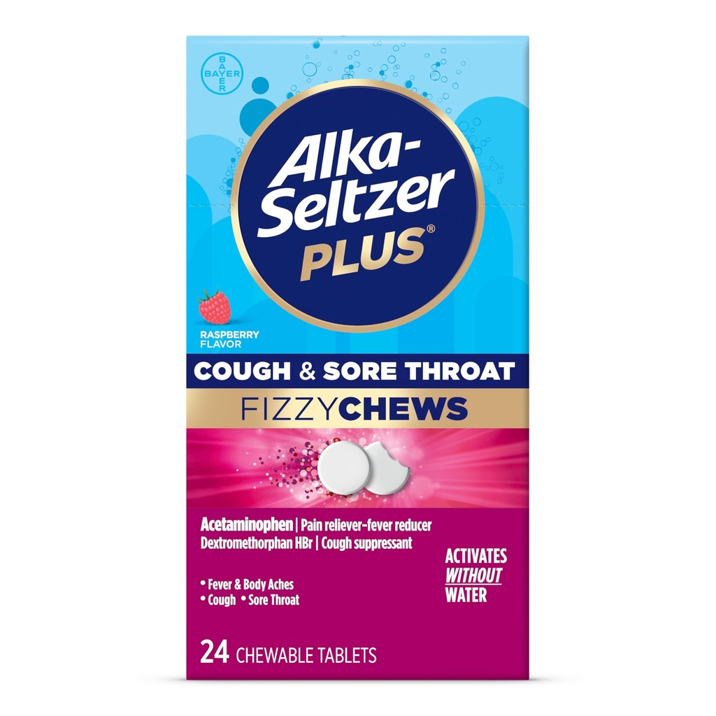 Alka- seltzer Plus Cough & Sore Throat Fizzy Chews, No Water Needed, On The Go Sore Throef for Dewasa, Raspberry Flavor, 24 Count