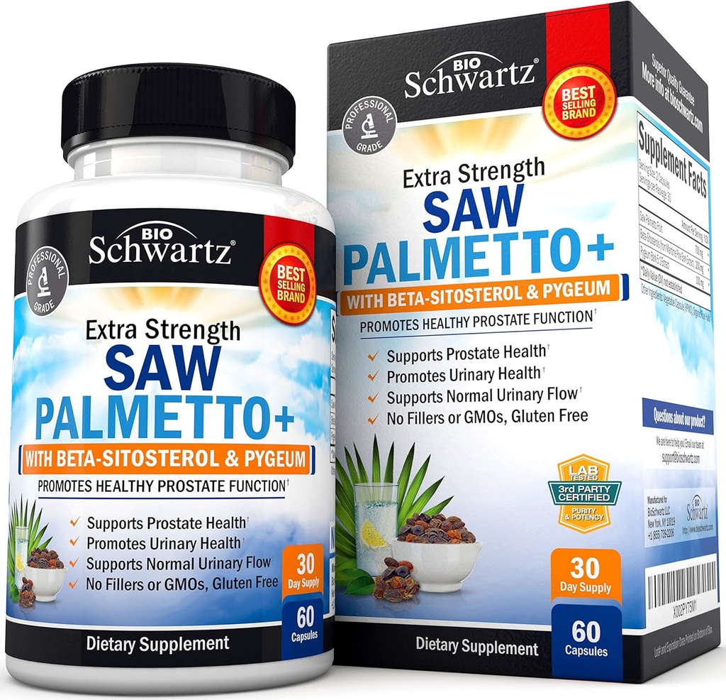 Saw Palmetto for Men with Pygeum Bark Extract and Beta- Sitosterol - Dukung Prostate Health and Healthy Prostate Fungsi - Promomes Urinary Health and Normal Urinary Flow - Non GMO Gluten Free 60 Ct