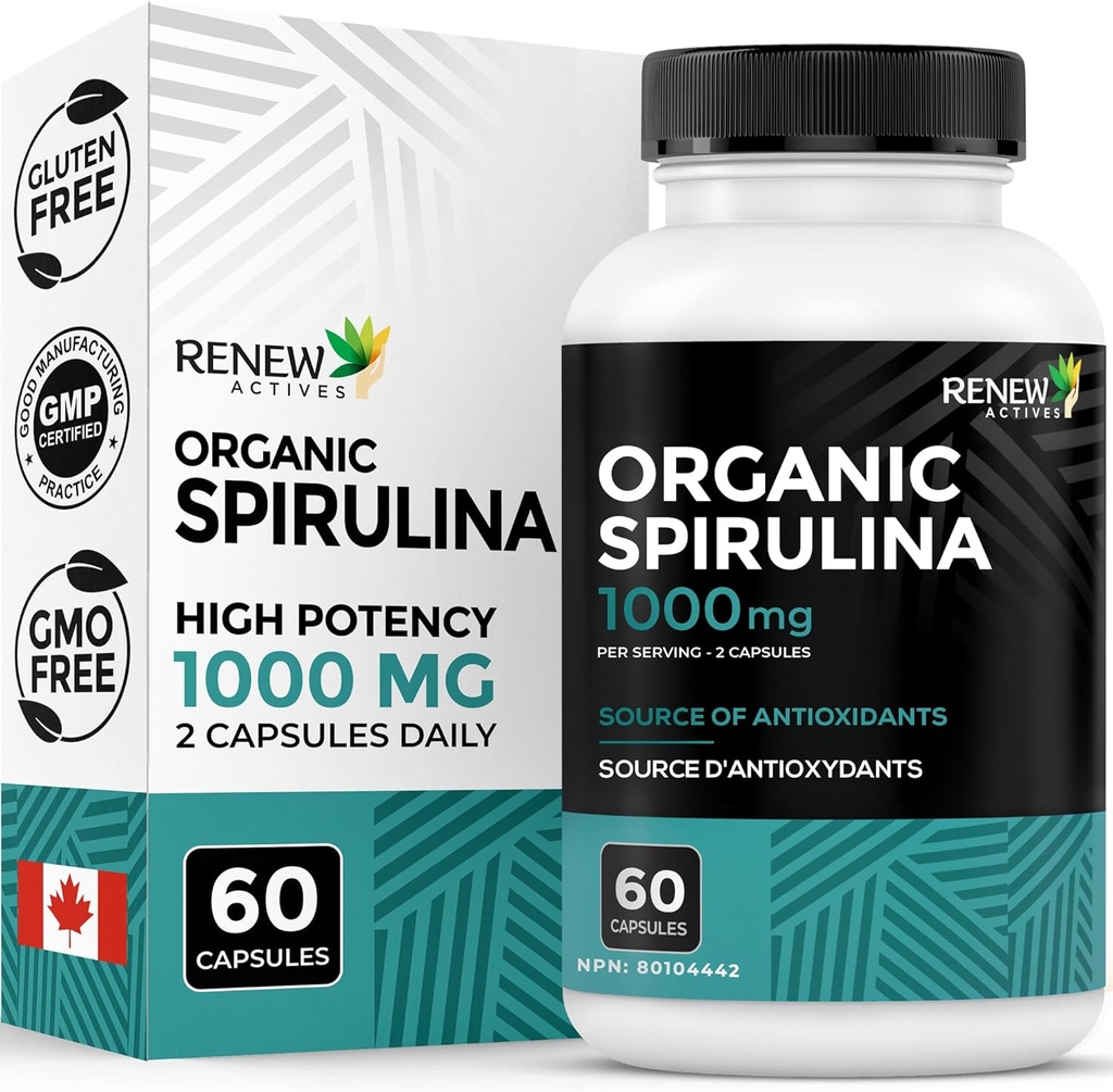 Renew Actives Organic Spirulina 1000MG per 2 Kapsul - Superfood for Men & Women - Supports Energy, Wellness & Imune Fungsi - Kaya dalam Antioksidants & Nutrients - Made in Canada - 60 Kapsul