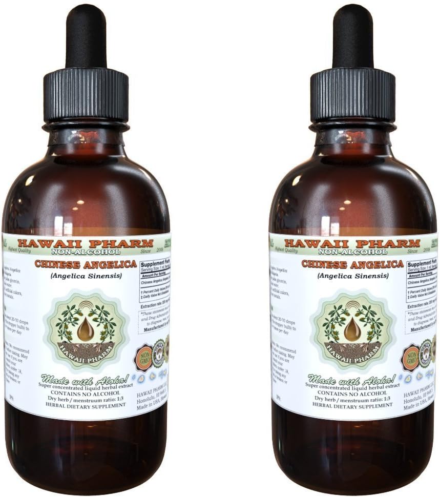 Angelica Chinese Alcohol- Free Liquid Extract, Organic Angelica (Angelica Sinensis) Root Kering Glycerite Hawaii Pharm Natural Herbal Suplemen 2x2 oz
