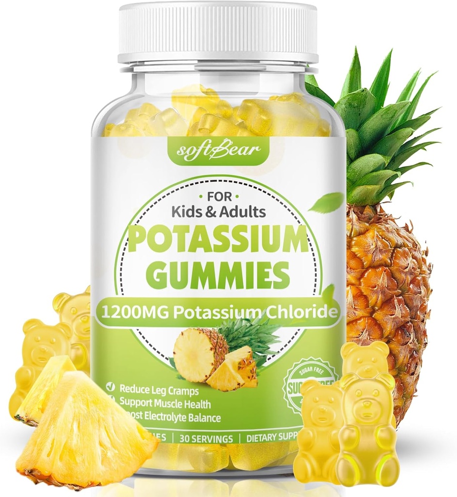 S0Tbear Potasium Chloride Gummies 1200mg, Sugar- Free Potasium Gummies untuk Hambatan Kaki Potensi Tinggi Potensi Klorida Tambahan, Pineapple Flavor 60 Count