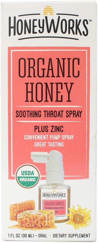 HoneyWorks Adult Throat Spray for Sore Throat Relief, 1 Oz, Soo None-GMO USDA Dark Honey + Zinc, Fasting Relief, Ages 12 Years +