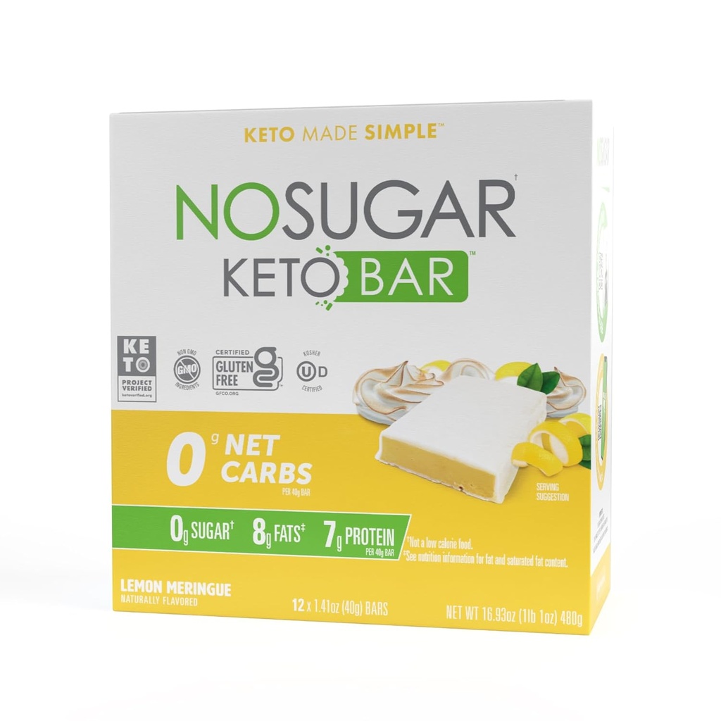Tidak ada Sugar Keto Bar Snacks - Lemon Meringue Flavor - Low Carb No Sugar Keto Snack Food Bar dengan Makro Friendto, 0g Net carb, 7g Tanaman berbasis Protein, 8g Healthy Fat, Sugar Free (0g) - 12 Bars