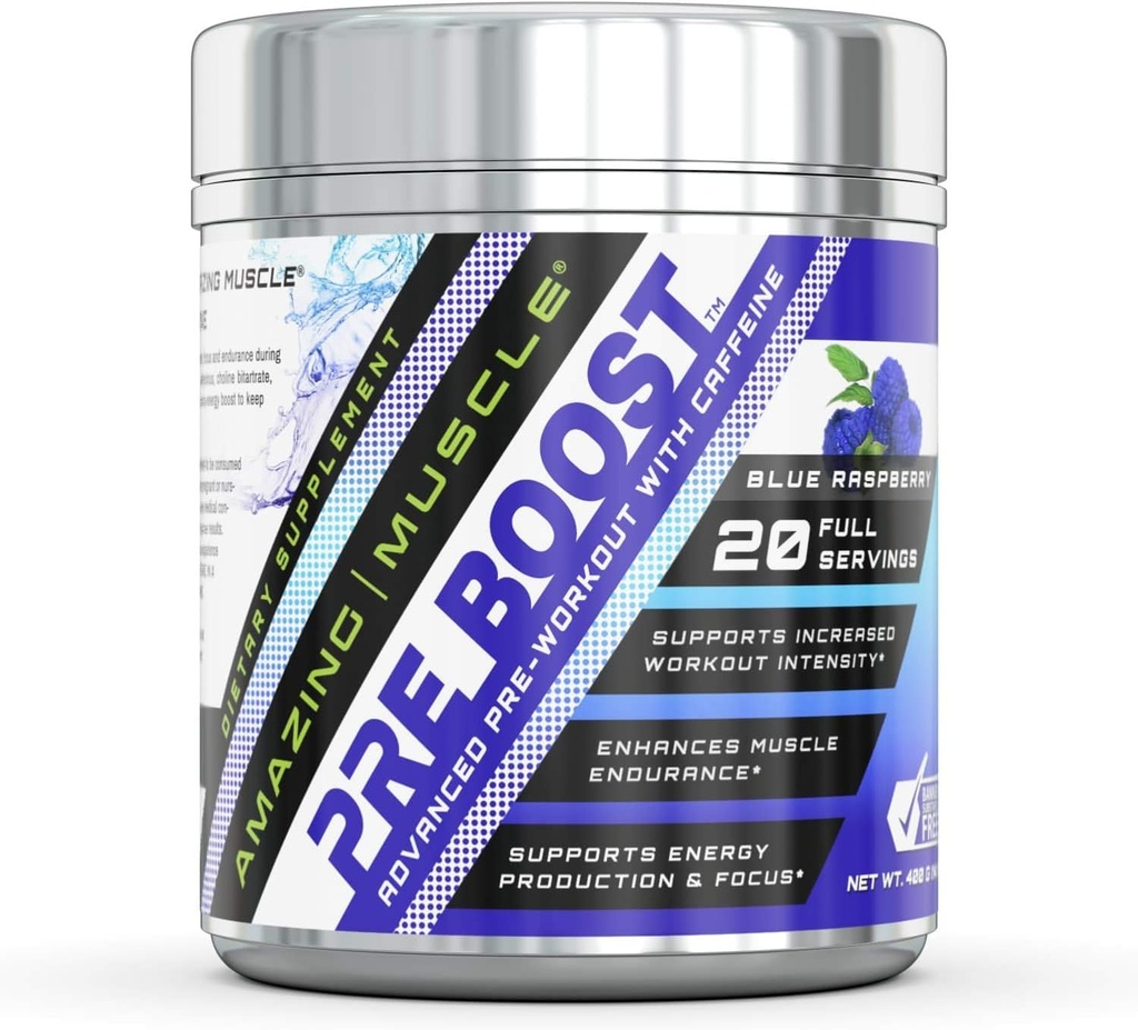 Amazing Muscle Pre Boost Formula dengan Suplemen Caffeine 124; 20 Pelayan Per Container 124; Blue Raspberry Flavor