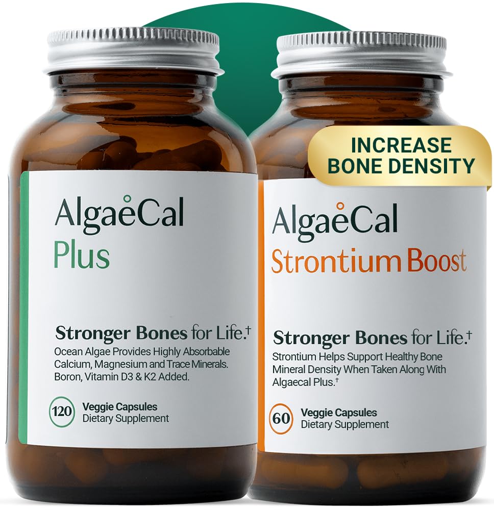 ALGAECAL Bone Builder Pack - Plant Based Calcium Supplement & Strittium - Organic Calcium 750mg with Vitamin D3 1600 IU, Vitamin K2, Magnesium, 16 Nutrients for Bone Health & Density (Persediaan 1 Bulan)