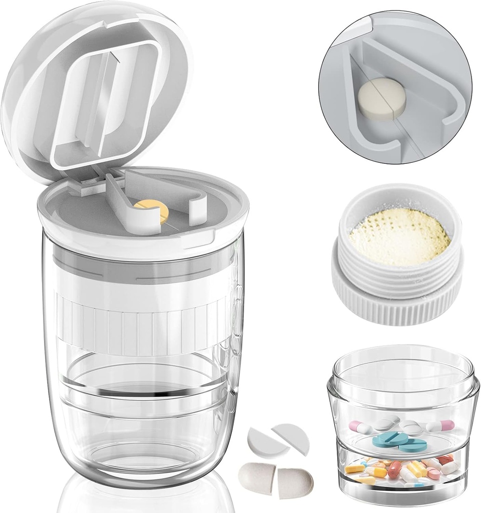 White- 1 Pill Splitter dan Cutter, Crushes Tablet, Vitamin, Stainless Steel Blade, Removable Drink Cup