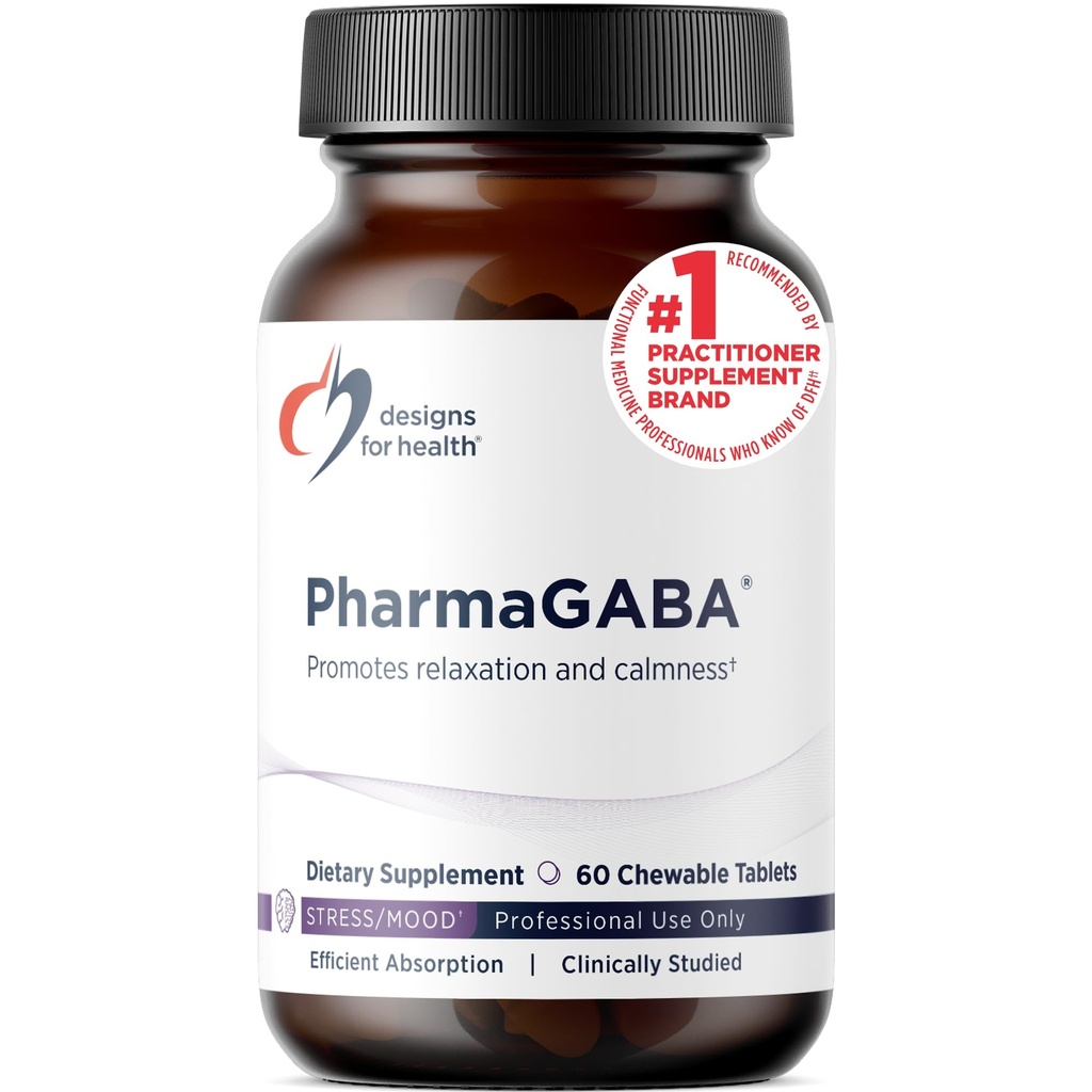 Design untuk Suplemen Kesehatan PharmaGABA Chewable - 200mg Tambahan Biovailable GABA untuk Stress, Mood, Support Kesehatan & Sleep - Vegan, Gluten Free & Non-GMO (60 Tablet)